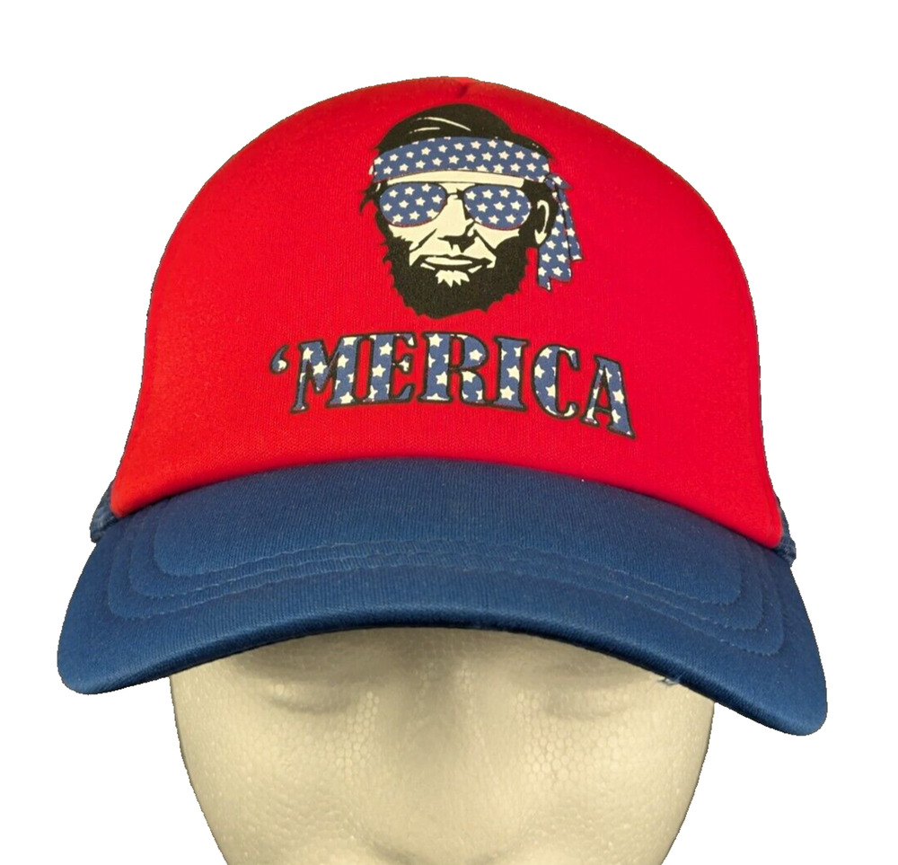 Abe Lincoln 'Merica Hat Snap Back Mesh Back Hat Red Blue Cool USA AMERICA